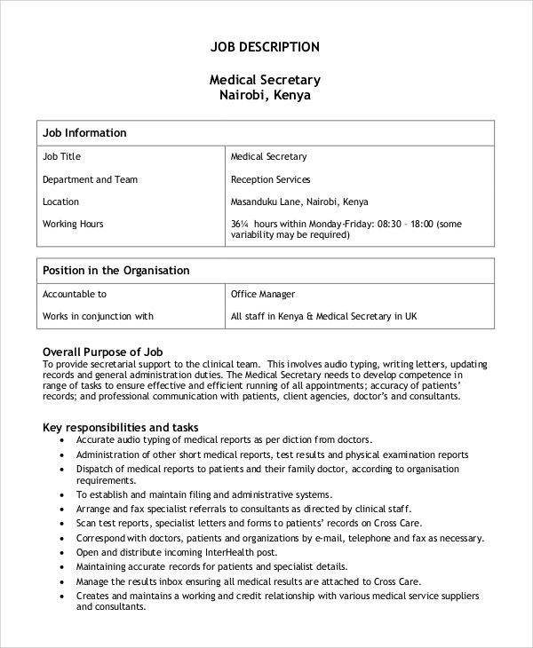 medical secretary job description