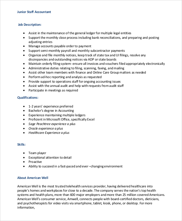 junior staff accountant job description