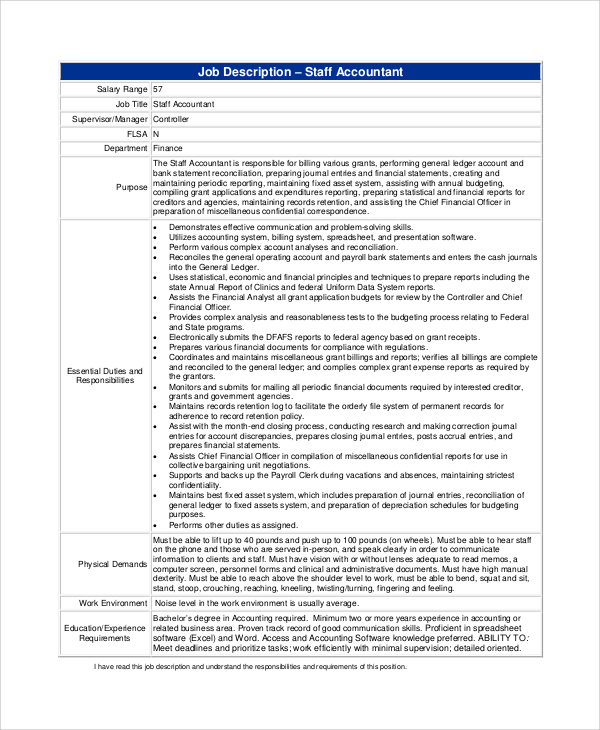 FREE 9  Sample Staff Accountant Job Descriptions in PDF MS Word