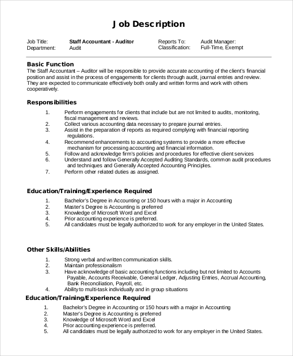 sample staff accountant job description