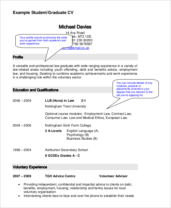 curriculum vitae examples for students