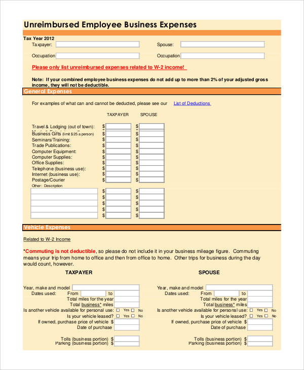 FREE 6 Sample Unreimbursed Employee Expense In PDF