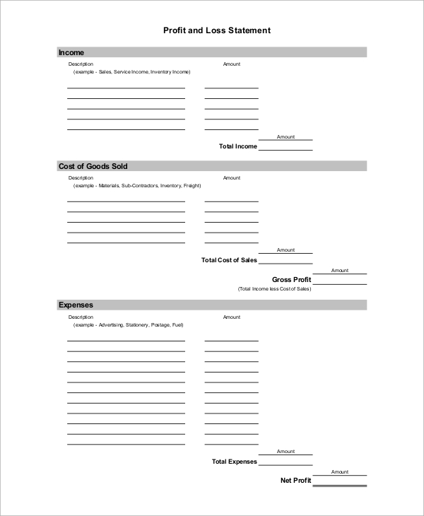 profit and loss statement template