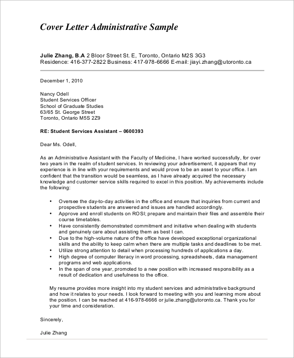 FREE 5+ Sample Cover Letter for Administrative Assistant ...
