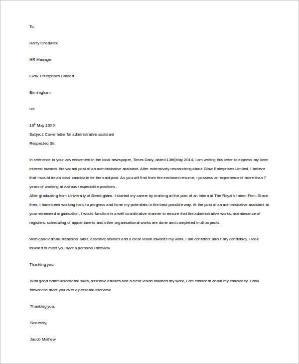 cover letter for administrative assistant job