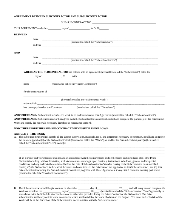 subcontractor agreement contract