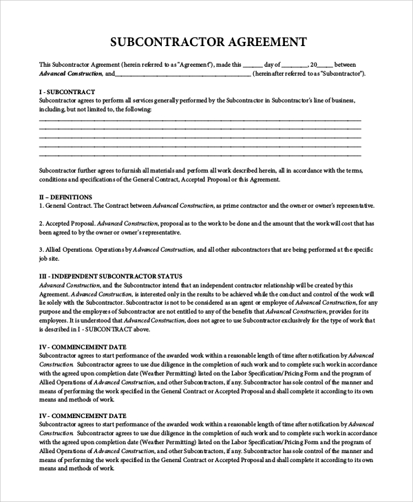sample subcontractor agreement