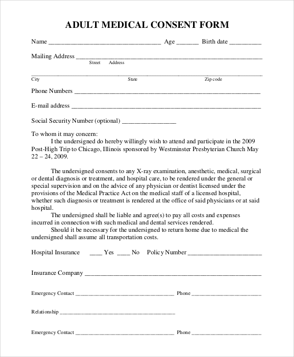 Consent To Treat Form For Adults