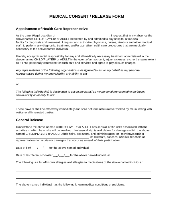 medical consent release form