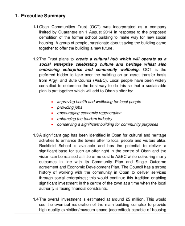 food example of executive summary for business plan