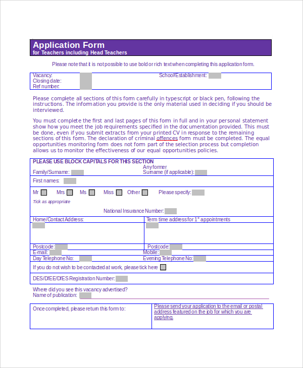 teaching application form