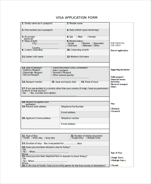 visa application form example