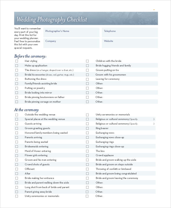 wedding photography checklist printable