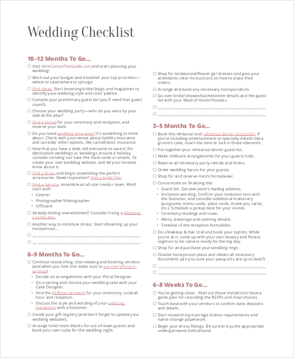 printable wedding checklist