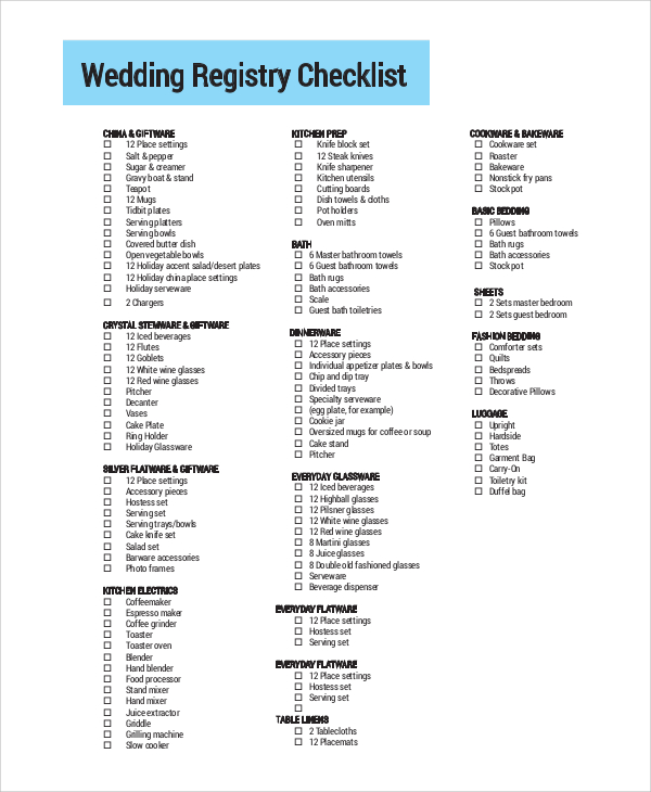 wedding registry checklist printable