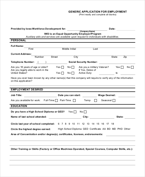 generic application for employee