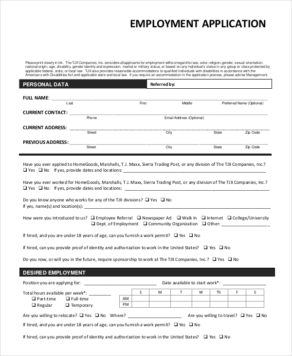 sample employee application