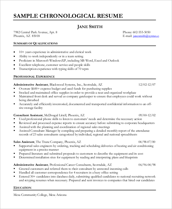 chronological resume example