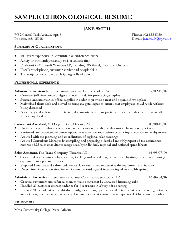 chronological resume samples