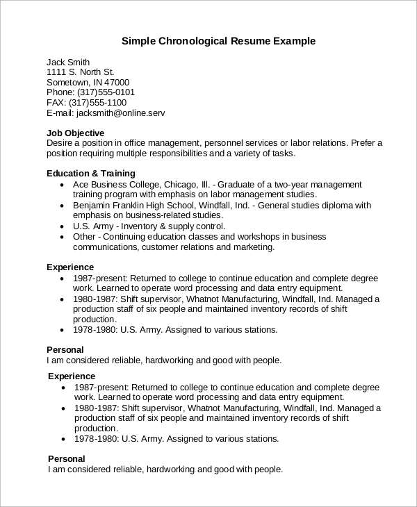 FREE 9 Sample Chronological Resume Templates In MS Word PDF