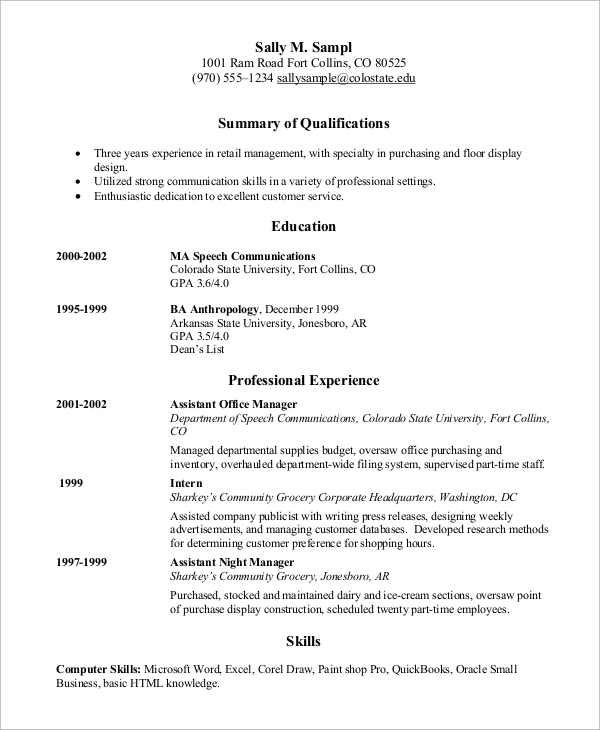 chronological resume in english