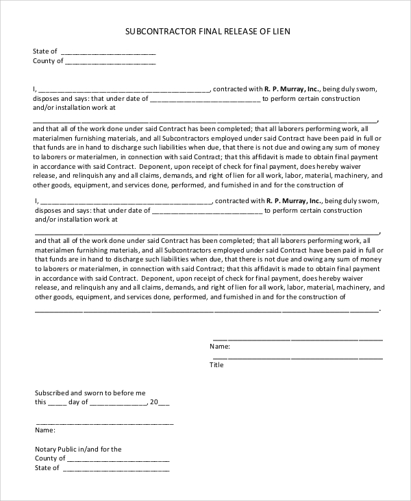 Subcontractor S Affidavit Of Release Of Lien Form Rpr Construction 