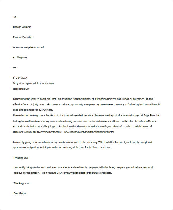 executive resignation letter example