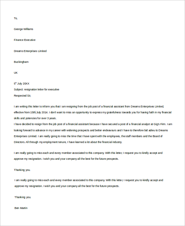 FREE 8 Resignation Letter Samples In MS Word PDF   Executive Resignation Letter Example 