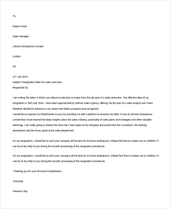 sales resignation letter example