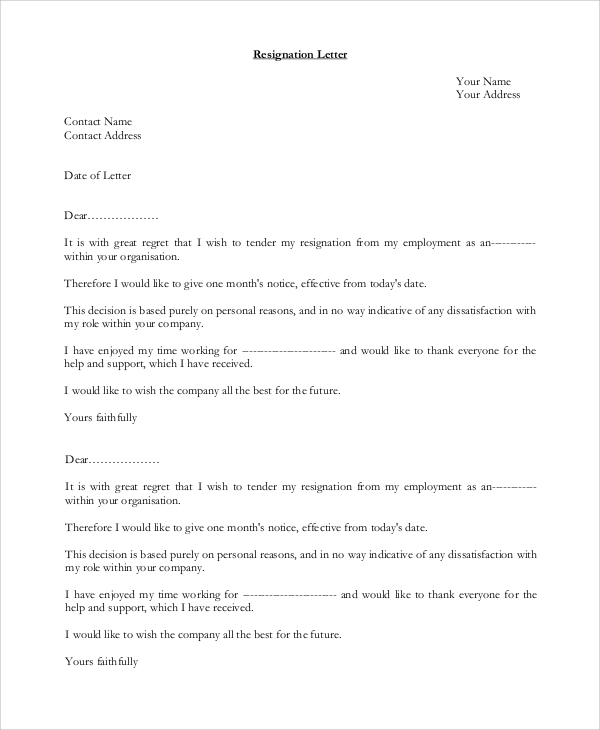 resignation letter example personal reasons