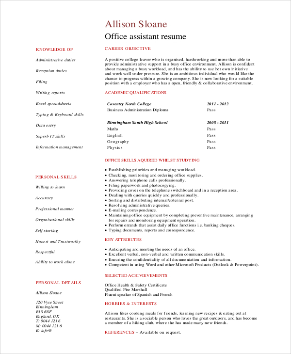 student office assistant resume example