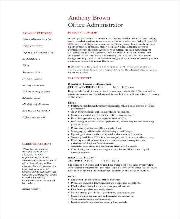 sample administrative assistant office resume