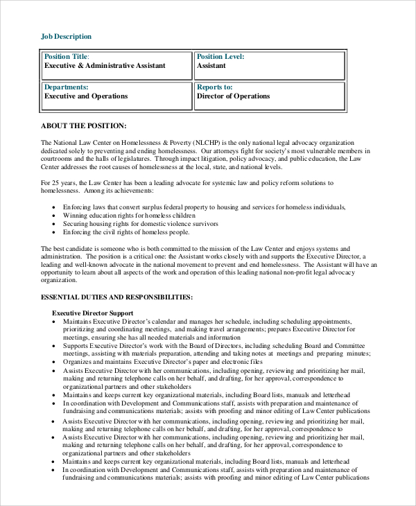 executive administrative assistant job description