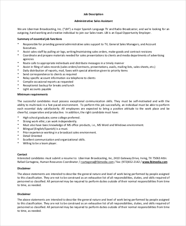 Arriba 61 Imagen Office Assistant Job Description Abzlocal Mx   Sales Administrative Assistant Job Description 