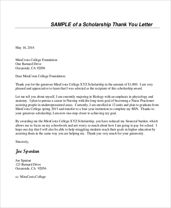 FREE 11+ Sample Thank You Letter For Scholarship in MS Word PDF