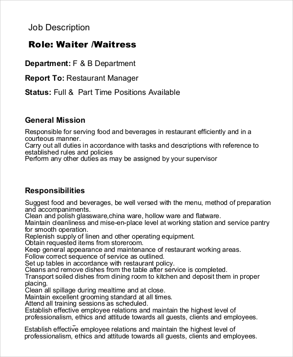 Sample Waitress Job Description 9 Examples In PDF