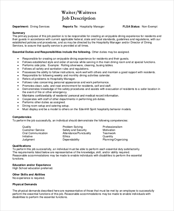 Sample Waitress Job Description 9 Examples In PDF