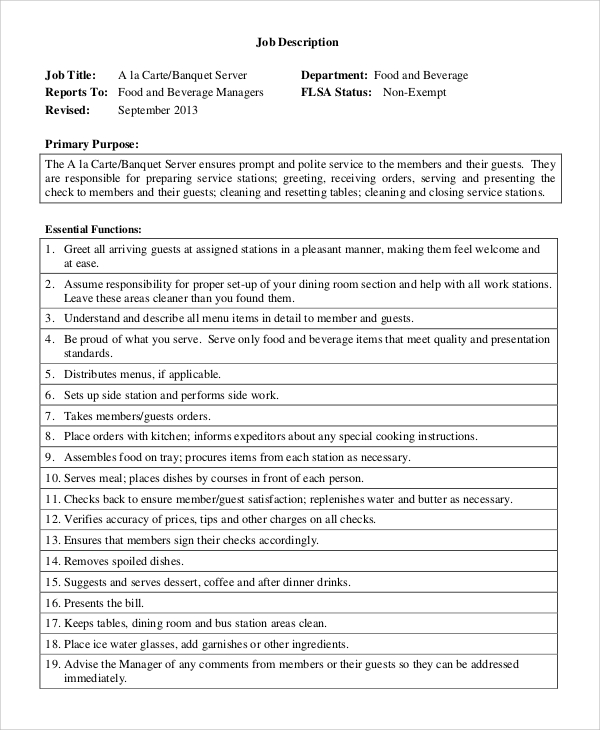 FREE 9+ Sample Waitress Job Descriptions in PDF