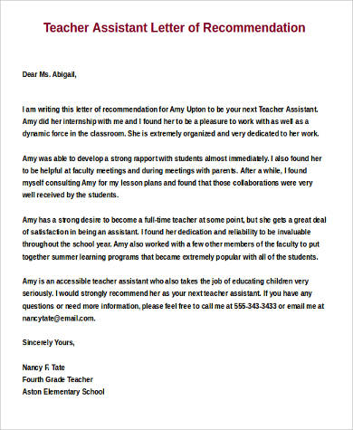 Sample Letter Of Recommendation For Teacher Of The Year