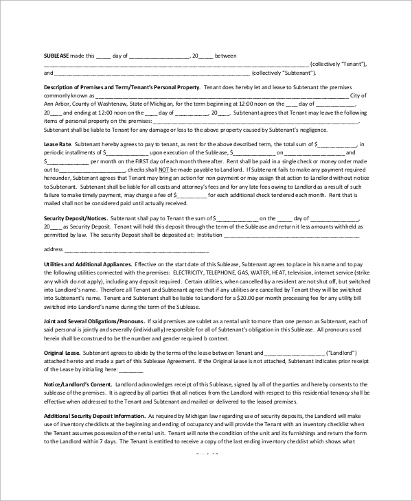 apartment sublease agreement
