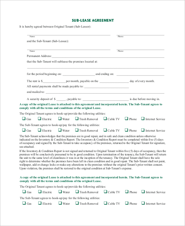 sublease agreement form