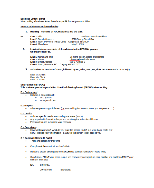 business letter format example