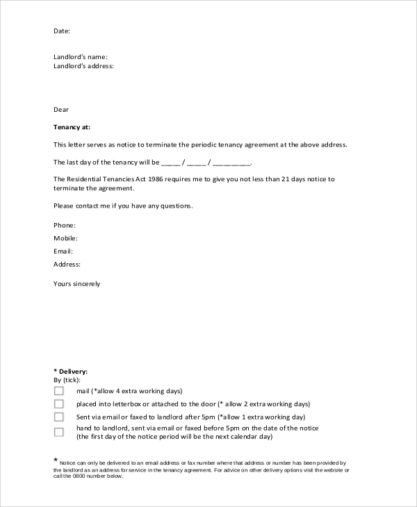 notice of lease termination letter from landlord to tenant