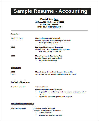 accounting college student resume example