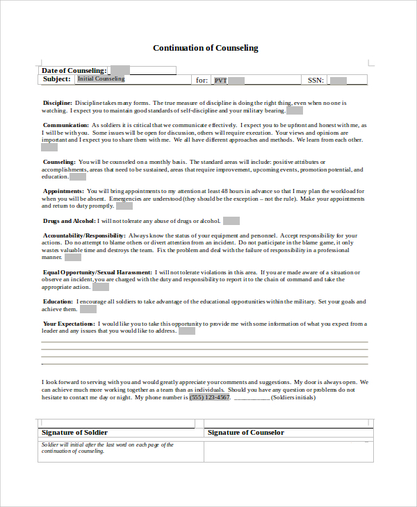 army initial counseling form