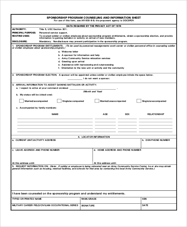 army sponsership program counseling form