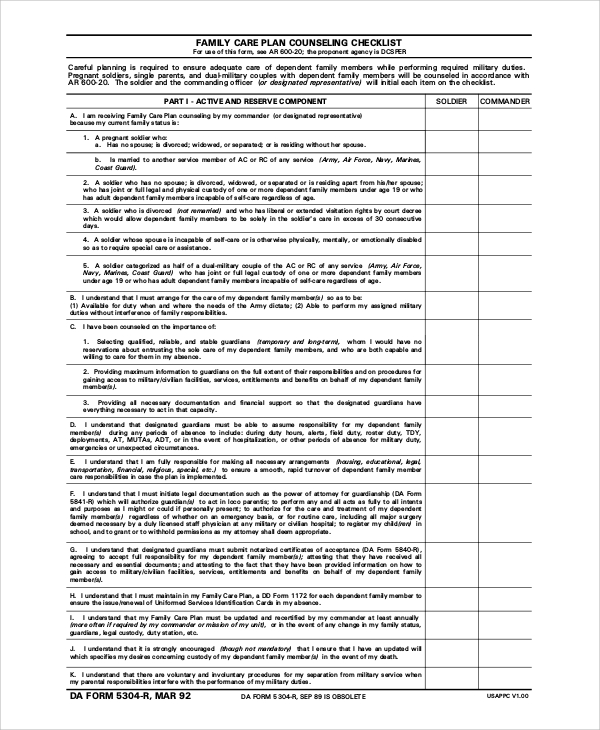 army family care plan counseling form