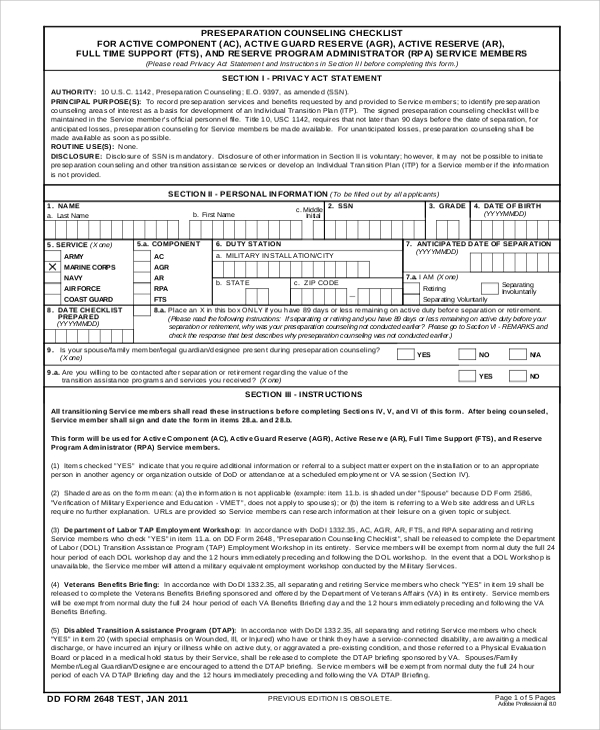 army preseparation counseling checklist form