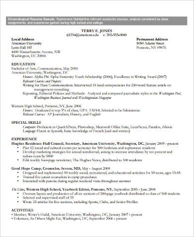 college student chronological resume