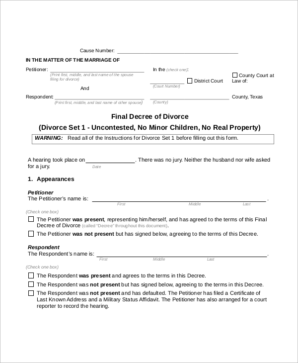 uncontested divorce form